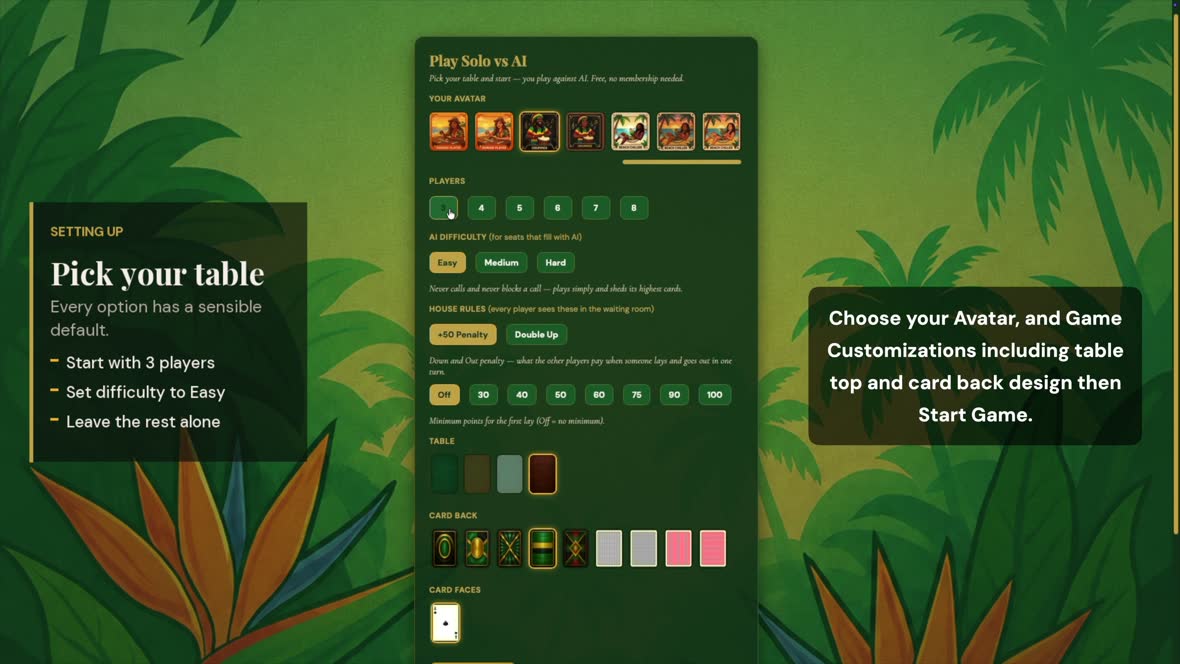 The Play Solo vs AI setup screen