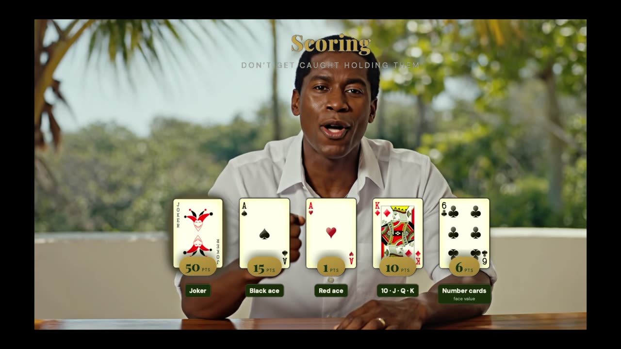 Card values: Joker 50, black ace 15, red ace 1, face cards 10